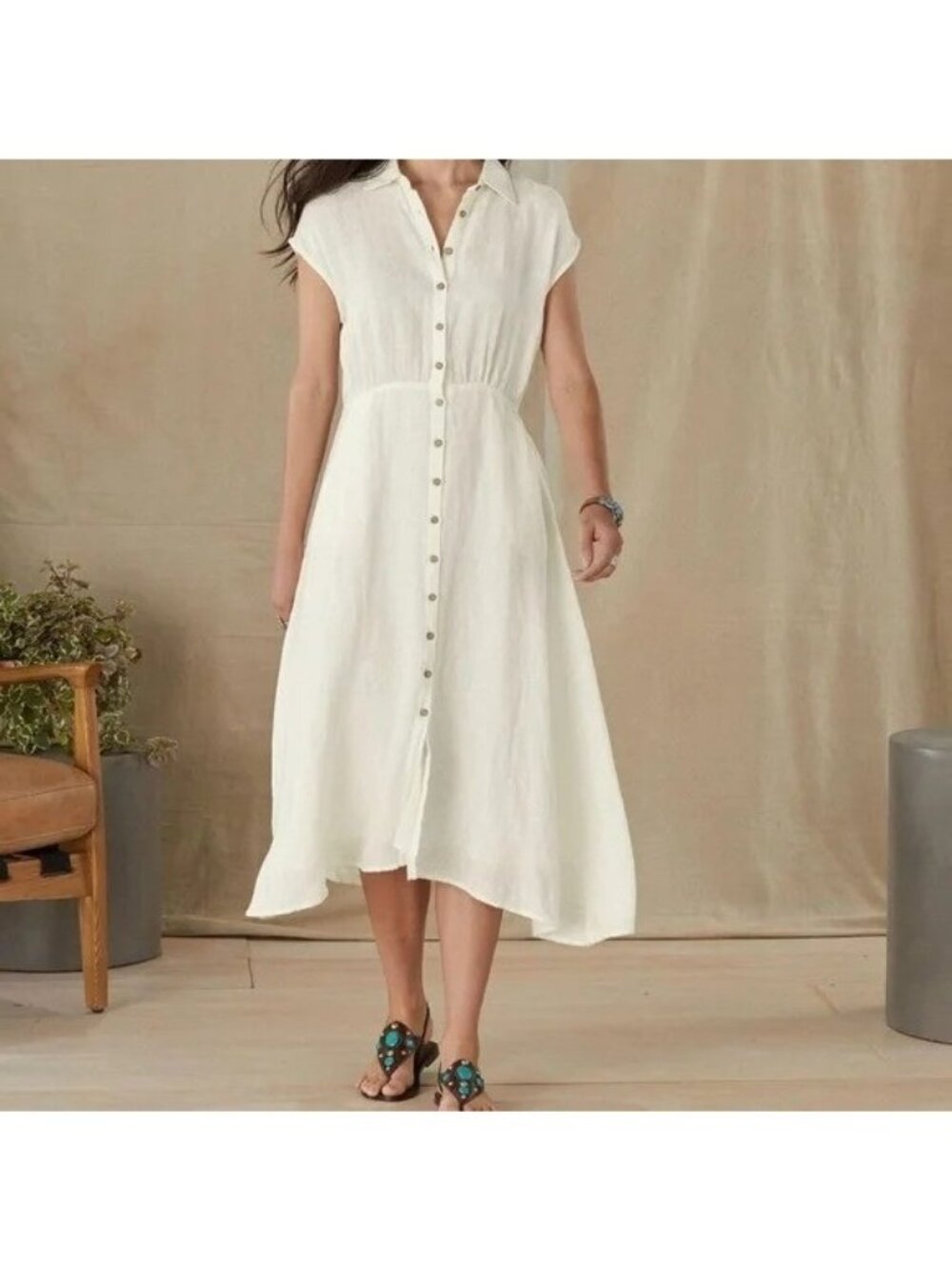 Sundance Brave + True “Clarity” White Linen Dress Women's Medium Pockets Coastal
